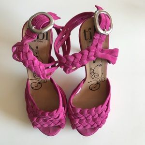 Tibi pink suede braided sandals with wooden heel